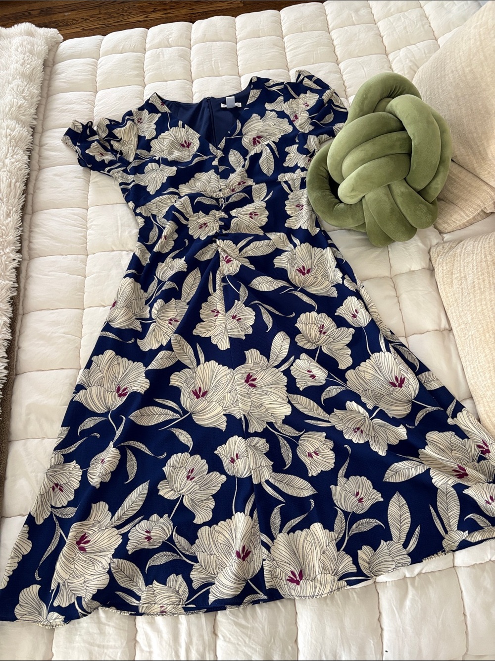 London Times Navy Floral Fit & Flare Dress with Cream Blooms